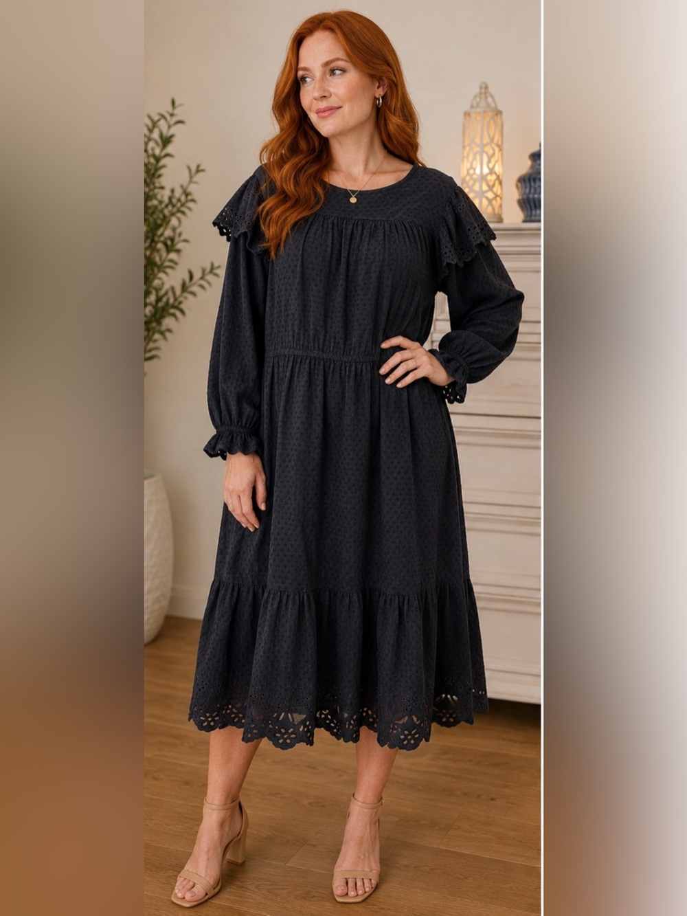 Universal Thread Black Swiss Dot Eyelet Midi Dress 2X NWT Boho Cottagecore